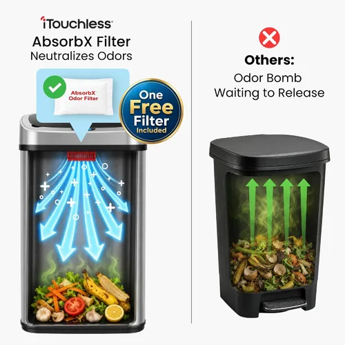 Vista 4 de SensorCan - Basurero con sensor de 13 galones con ruedas y sistema de control de olores AbsorbX, acero inoxidable, cubo de basura automático