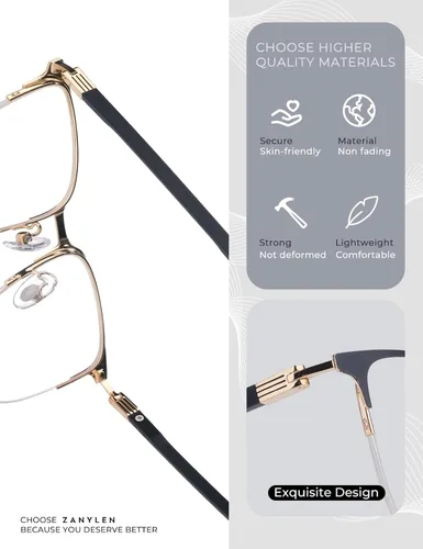 Vista 5 de ZanyLen Blue Light Blocking Glasses Men Computer Gaming Glasses Rectangle Metal Semi-rimless Frame
