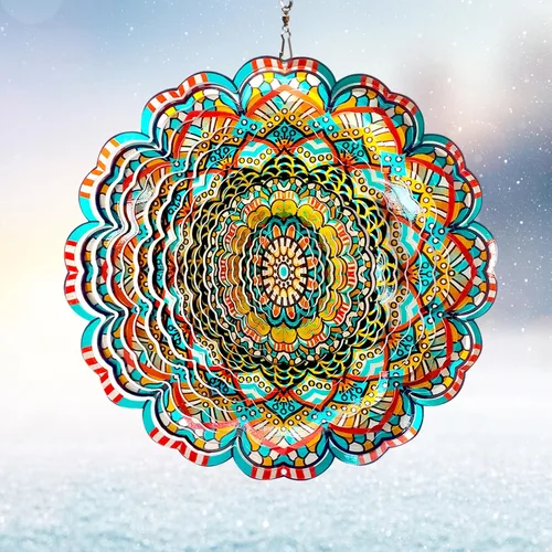 Vista 12 de Mandala Blossom Wind Spinner - Molinillos de Viento de Metal Escultura de Viento Colgante Cinética 3D de 12 pulgadas Cortada con Láser