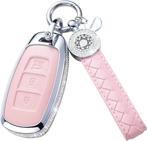 Vista 26 de Funda para llave inteligente con llavero, de piel auténtica color rosa, con cristales, carcasa protectora