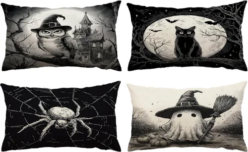 Vista 10 de Fundas de almohada de Halloween de 12 x 12 pulgadas, juego de 4 fundas de almohada decorativas con diseño de truco o trato, fundas de almohada