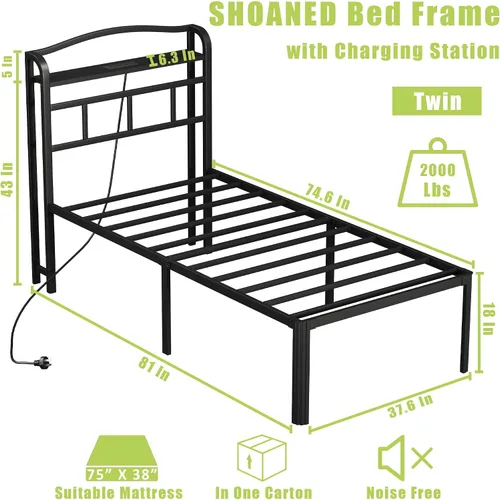 Vista 2 de SHOANED Base de cama de metal de 18 pulgadas, base de colchón básica de plataforma resistente de color negro con cabecera y estación de carga,