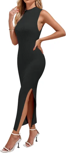 Vista 3 de MEROKEETY Vestido de punto sin mangas con cuello alto falso para mujer 2024, vestido de punto acanalado bodycon con abertura