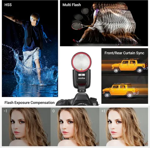 Vista 9 de Godox V1Pro-C versión USA Flash para Canon, V1Pro-CU Flash de cámara Speedlite con subflash desmontable, batería de carga USB-C, luz de modelado