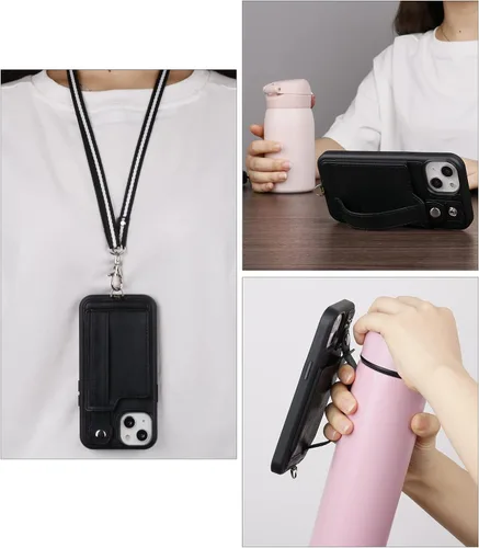 Vista 6 de TOOVREN Funda para teléfono compatible con iPhone 14 Plus, compatible con iPhone 14 Plus, funda con correa para tarjetero, cordón de cuero para Negro