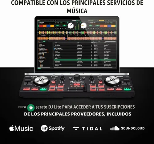 Vista 6 de [Usado] Numark DJ2GO2 Touch - Controlador USB compacto de 2 platos para Serato DJ con mezclador/crossfader, interfaz de audio y rueda de selección
