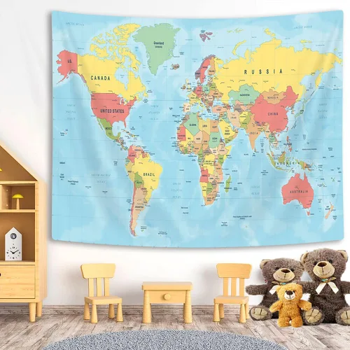 Vista 5 de Tapiz de mapa del mundo, mapas mundiales para pared, Asia Europa, topografía de la ciudad del sur de América, África y Japón, tapices educativos