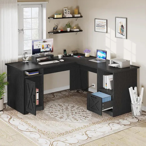 Vista 2 de YITAHOME Escritorio en forma de L con tomas de corriente, escritorio de computadora de esquina de 60 pulgadas con cajón para archivos, escritorio