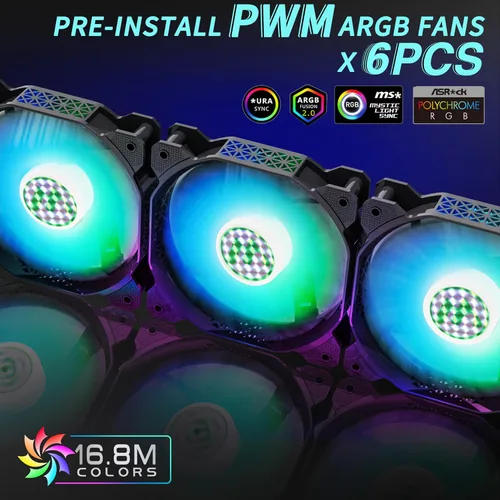 Vista 2 de MUSETEX Carcasa ATX para PC preinstalada 6 ventiladores PWM ARGB, funda de malla poligonal para juegos de computadora, apertura de panel lateral