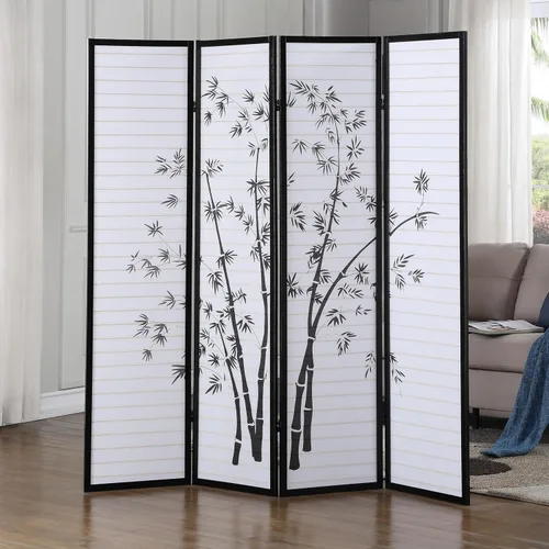 Vista 2 de Roundhill Bamboo Print Biombo/Divisor de Habitación Enmarcado de 4 Paneles, negro