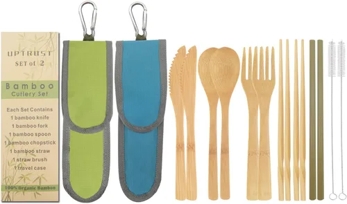 Vista 7 de UPTRUST Juego de 2 cubiertos de bambú de bambú reutilizable de bambú orgánico, tenedor, cuchillo, cuchara, palillos, cepillo de limpieza