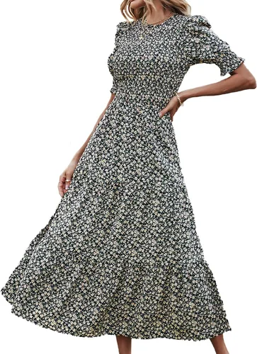 Vista 28 de BTFBM Vestidos para mujer, cuello redondo, casual, de verano, con volantes, manga corta, bohemio, con niveles, fruncido, largo, con estampado floral