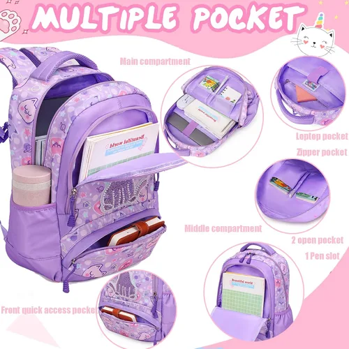 Vista 4 de Mochila de escuela primaria para niñas con lonchera, mochila de regreso a clases