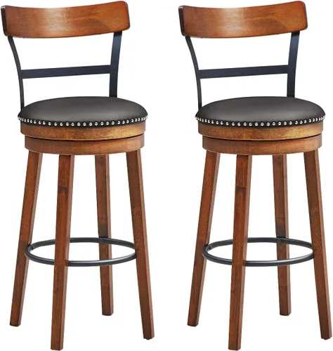 Vista 11 de COSTWAY Juego de 2 taburetes de bar, taburetes giratorios de 360 grados con asiento acolchado de cuero, respaldo de escalera de un solo listón
