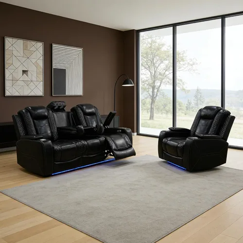 Vista 35 de Sofá reclinable individual eléctrico para muebles de sala de estar, silla reclinable de cuero con luces LED, puertos USB, almacenamiento oculto