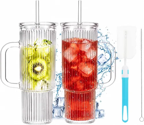 Vista 15 de Birity Vasos de vidrio de 16 onzas con tapas y popotes, vaso de vidrio con popote y tapa, tazas de café helado reutilizables para té, jugo