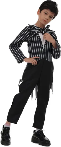 Vista 6 de Disfraz de Jack Skellington para niños, overol de esqueleto Skellington con máscara, disfraces de Halloween, accesorios de cosplay