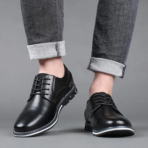 Vista 6 de Zapatos Oxford planos de cuero para hombre, zapatos casuales con cordones, zapatos de moda para caminar, negocios, oficina, fiesta, mocasines cómodos