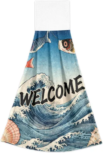 Vista 2 de Toallas colgantes para cocina con punta de dedo para baño, bienvenida, pescado, japonés, retro, impreso, bienvenida, lápiz de pescado