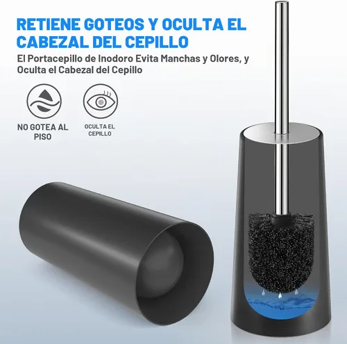 Vista 5 de Juego de escobilla de inodoro y soporte, 2 unidades, escobilla de inodoro con mango largo de acero inoxidable 304, cepillo de inodoro para baño Negro
