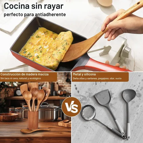 Vista 7 de Cucharas de madera para cocinar, juego de utensilios de cocina de madera, juego de 10 piezas de utensilios de cocina de madera con cucharas