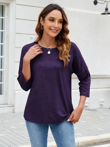 Vista 153 de ZENNILO Camisetas casuales de manga 3/4 para mujer, holgadas, cuello redondo, lindas camisetas básicas