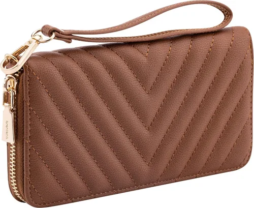 Vista 21 de Brentano Cartera delgada de cuero vegano con cremallera única bordada Chevron con correa extraíble para la muñeca Beige almendra