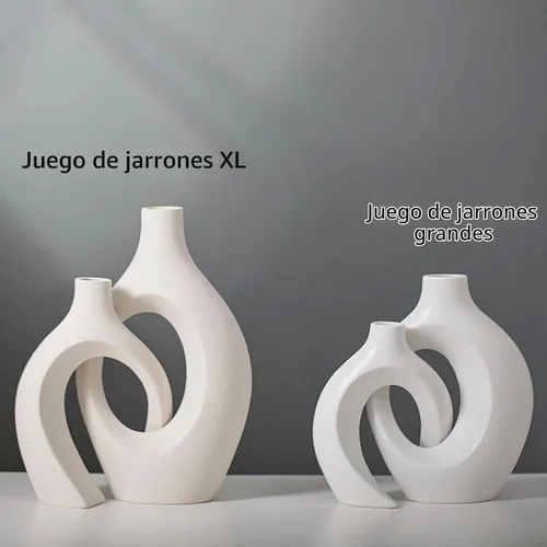 Vista 4 de Levvohd XL Juego de 2 jarrones beige de cerámica para decoración moderna del hogar, jarrones huecos florales modernos de estilo bohemio ecléctico