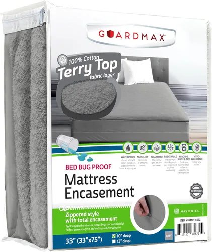 Vista 42 de Guardmax Funda de colchón individual con cremallera, protector de colchón 100% impermeable, suave y absorbente de algodón de rizo superior