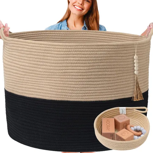 Vista 15 de XXXXL LAVABLE Cesta Grande Negra para Mantas Cesta para Sala de Estar 2 Piezas Cestas de Juguetes Almacenamiento Niños de Cuerda Tejida XXX Cesta