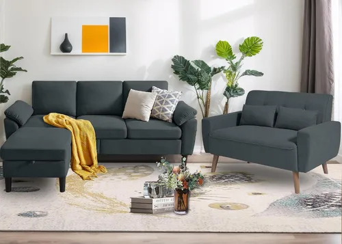 Vista 15 de Juego de 2 sofás para sala de estar, sofás convertibles en forma de L de 3 asientos con otomana y silla decorativa, sofá moderno de lino para Gris