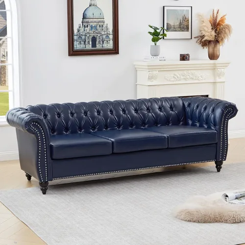 Vista 13 de ORRD Sofá seccional pequeño en forma de L, sofá Chesterfield de cuero copetudo con brazos de desplazamiento y cabeza de clavo para sala de estar