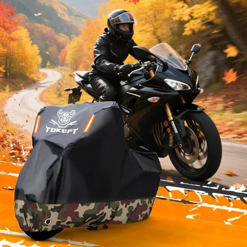 Vista 7 de Funda impermeable para motocicleta, bolsa de almacenamiento para exteriores, hecha de material resistente con agujeros de bloqueo y tira