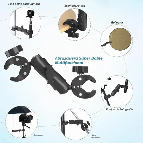 Vista 6 de Soporte de abrazadera súper doble para paraguas, soporte de abrazadera para cámara, brazo mágico de 360° para clip de silla de paraguas, silla