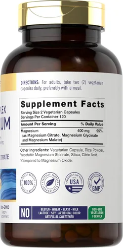 Vista 2 de Carlyle Complejo triple de magnesio 400 mg 240 cápsulas Malato de magnesio, glicinato y citrato Suplemento vegetariano, sin OMG y sin gluten