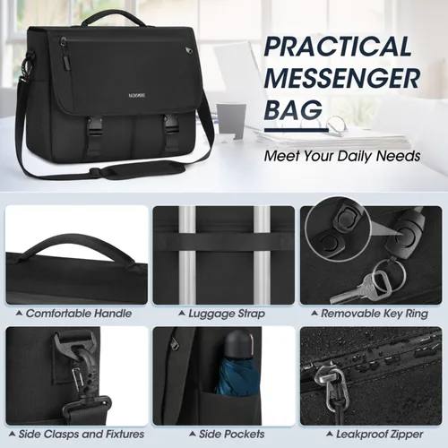 Vista 4 de RAINSMORE Bolsa de mensajero para hombre, bolsa de mensajero de 15.6 pulgadas, resistente al agua, bolsa casual para hombre, bolsa grande para Negro