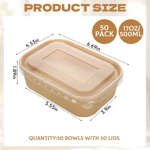 Vista 2 de Paquete de 50 cuencos desechables de papel kraft de 17 onzas con tapas, recipientes rectangulares de preparación de comidas a granel, ensaladera