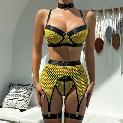 Vista 2 de Women Sexy Lingerie Set with Garter Belt and Choker for Sex Naughty High Waisted Sheer Mesh Fishnet Teddy Babydoll Bodysuit