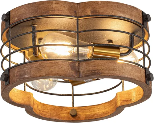 Vista 7 de Lámpara de Techo Empotrada Estilo Granja, 12.6 Pulgadas, Luminaria de Techo de Metal y Madera de 2 Luces, Lámpara de Techo Semi Tambor Rústico