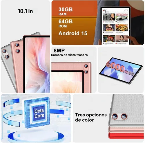 Vista 3 de 2025 Android 15 tablet de 10 pulgadas con teclado, 30GB+64GB+1TB expandibles, tabletas Octa-Core con batería de 6000mAh, pantalla HD IPS, WiFi 5G