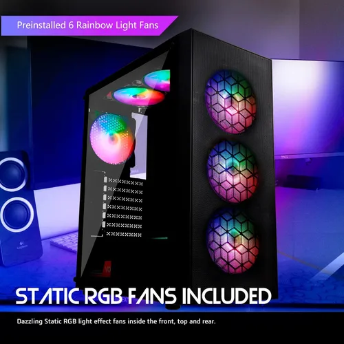 Vista 2 de RAIDMAX X921 Mesh Airflow ATX Mid Tower Gaming PC Case, 6 ventiladores de color RGB estáticos de 4.724 in preinstalados, panel lateral de vidrio