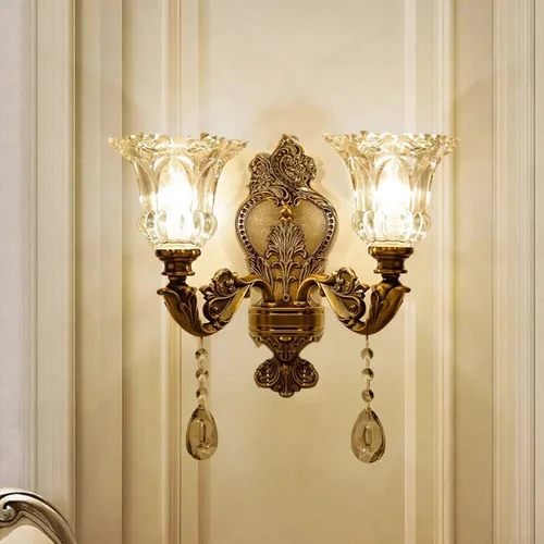 Vista 7 de Apliques de pared dorados victorianos de 2 cabezales, luces florales de montaje en pared con pantalla de vidrio, apliques de cristal estilo vintage