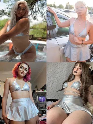 Vista 4 de Conjunto de 3 piezas para mujer - Sexy festival de música holográfico metálico con tiras en la parte superior de bikini y falda de playa