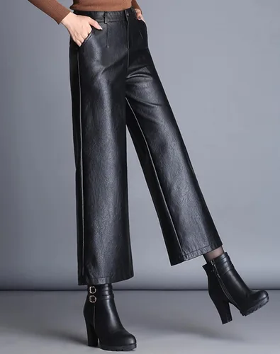 Vista 2 de Lucrosun Pantalones palazzos de piel sintética de cintura alta y pierna ancha para mujer, color negro