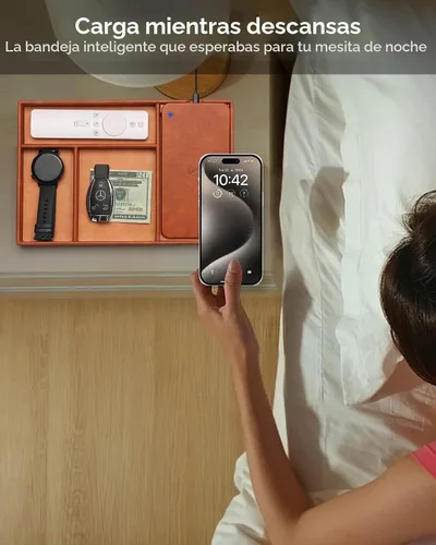 Vista 3 de Valet Tray, Built in Wireless Charging Pad, Nightstand Organizer Sillín marrón