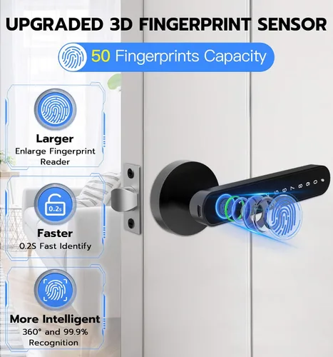 Vista 3 de eLinkSmart Cerradura de puerta de huellas dactilares, cerradura de puerta de entrada sin llave con mango de teclado, perilla inteligente biométrica