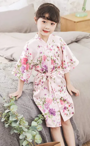 Vista 3 de Bata de kimono floral de flores de cerezo, bata de seda para fiesta nupcial, camisón para niñas
