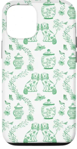 Vista 27 de Funda para iPhone XS Max Preppy Green & White Toile Chinoiserie Dogs and Ginger Jars