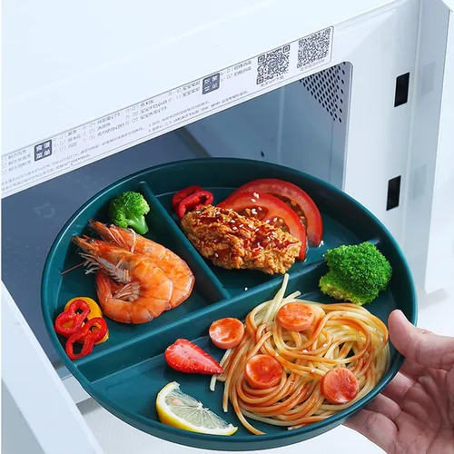 Vista 2 de Paquete de 2 platos redondos de 3 compartimentos para control de porciones, de plástico, reutilizables, divididos para adultos, aptos