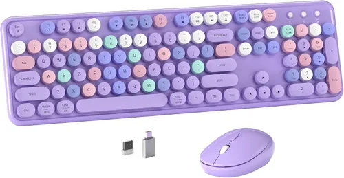 Vista 10 de MPTOG Combo de teclado y mouse inalámbrico de computadora colorido con teclas redondas estilo máquina de escribir, diseño retro, interruptor